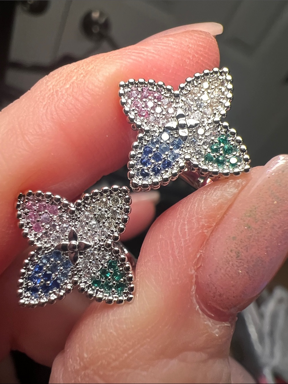 Multicolor Flower Monogram Stud Earrings - Silver Tone